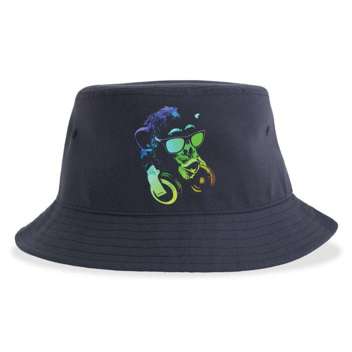 Monkey Chimp With Sunglasses And Headphones Sustainable Bucket Hat