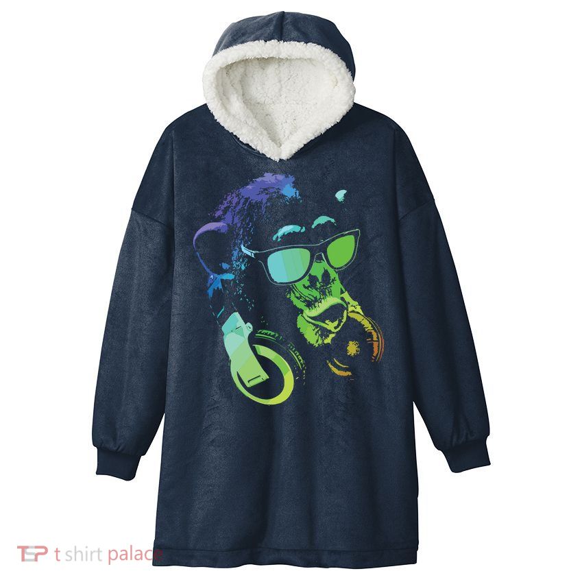 Monkey Chimp With Sunglasses And Headphones Hooded Wearable Blanket