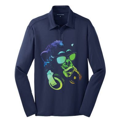 Monkey Chimp With Sunglasses And Headphones Silk Touch Performance Long Sleeve Polo