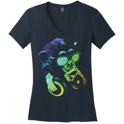 Monkey Chimp With Sunglasses And Headphones Women's V-Neck T-Shirt