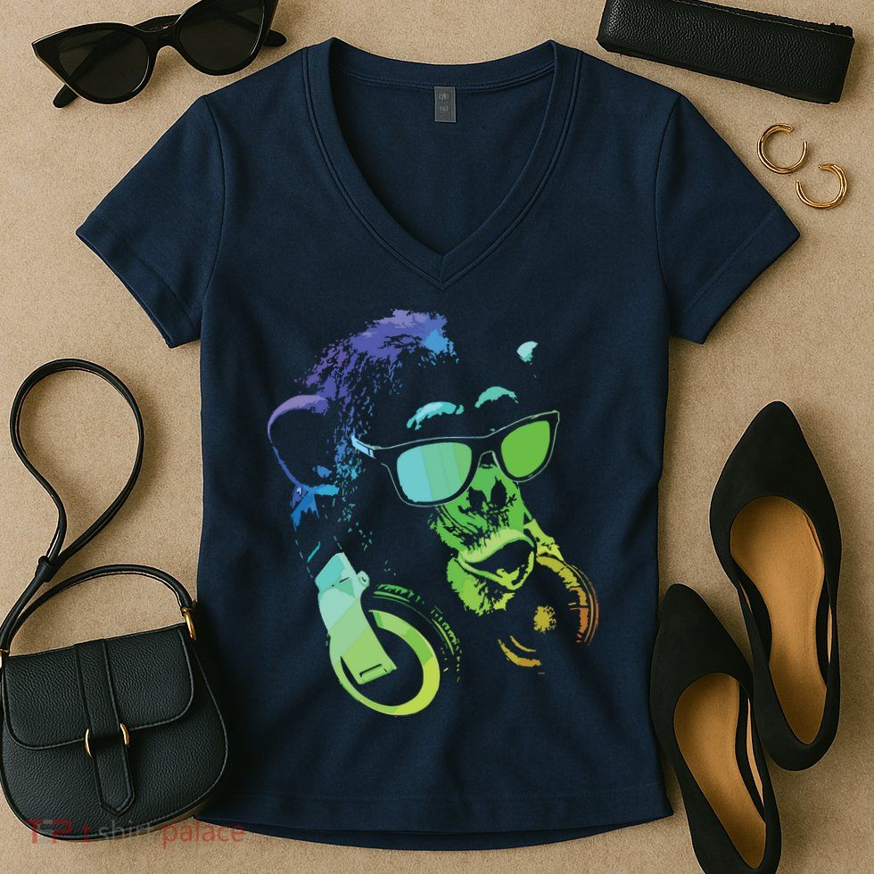 Monkey Chimp With Sunglasses And Headphones Women's V-Neck T-Shirt