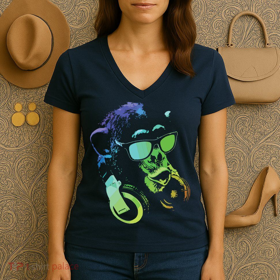 Monkey Chimp With Sunglasses And Headphones Women's V-Neck T-Shirt