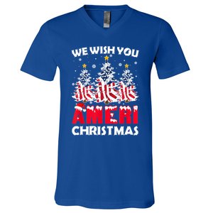 Merry Christmas We Wish You Ameri Xmas American Flag Trees Cute Gift V-Neck T-Shirt