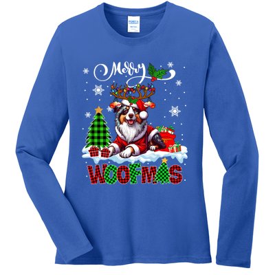 Merry Christmas Woof Australian Shepherd Cosplay Santa Cute Gift Ladies Long Sleeve Shirt