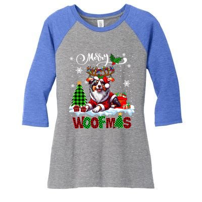 Merry Christmas Woof Australian Shepherd Cosplay Santa Cute Gift Women's Tri-Blend 3/4-Sleeve Raglan Shirt