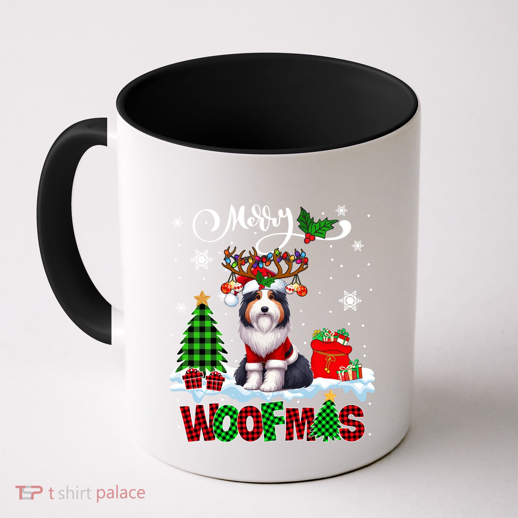 Merry Christmas Woof Bearded Collie Cosplay Santa Reindeer Gift Mug