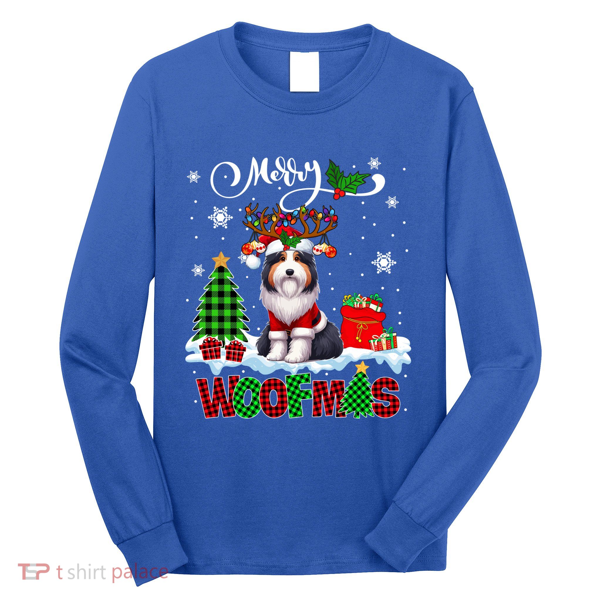 Merry Christmas Woof Bearded Collie Cosplay Santa Reindeer Gift Long Sleeve Shirt
