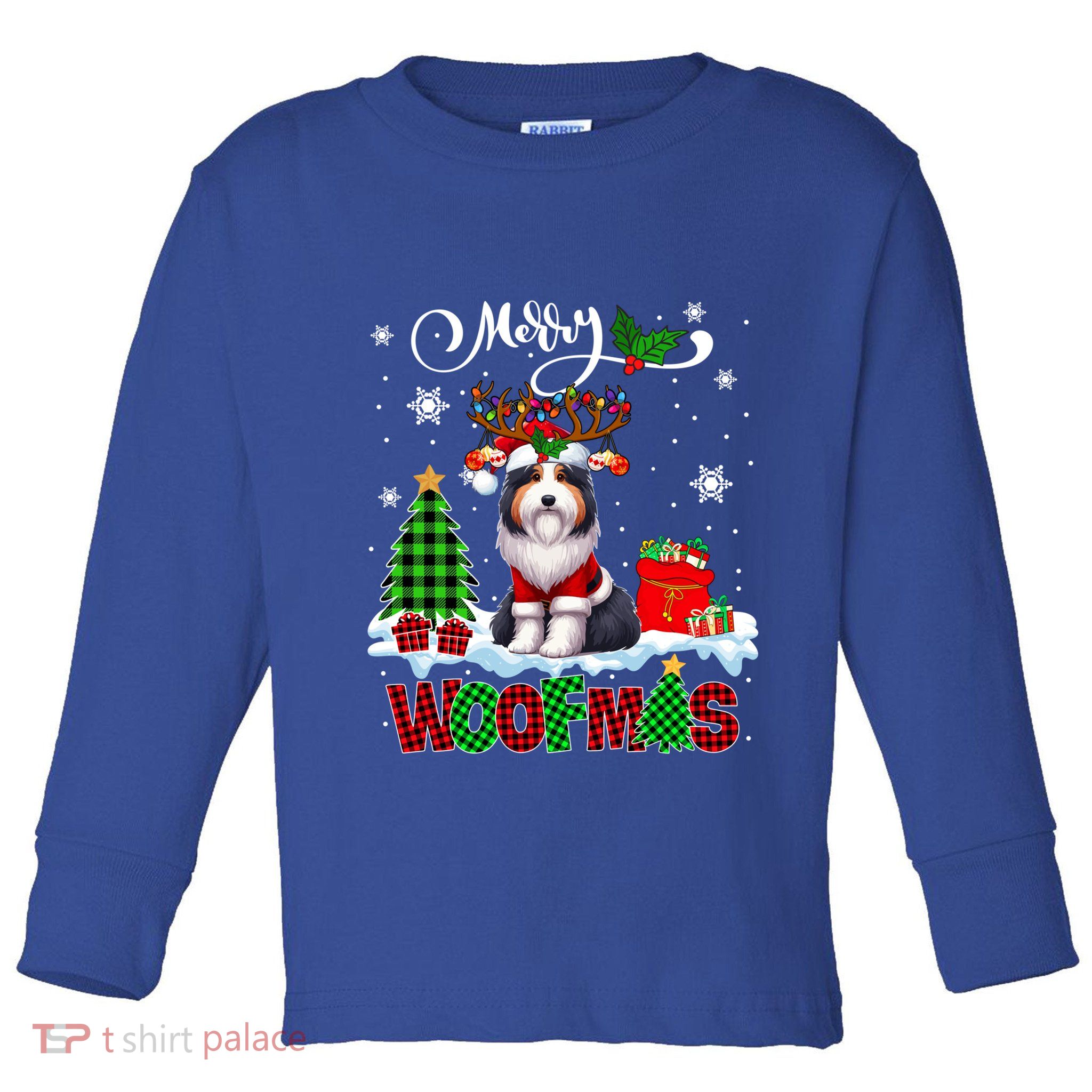 Merry Christmas Woof Bearded Collie Cosplay Santa Reindeer Gift Toddler Long Sleeve Shirt