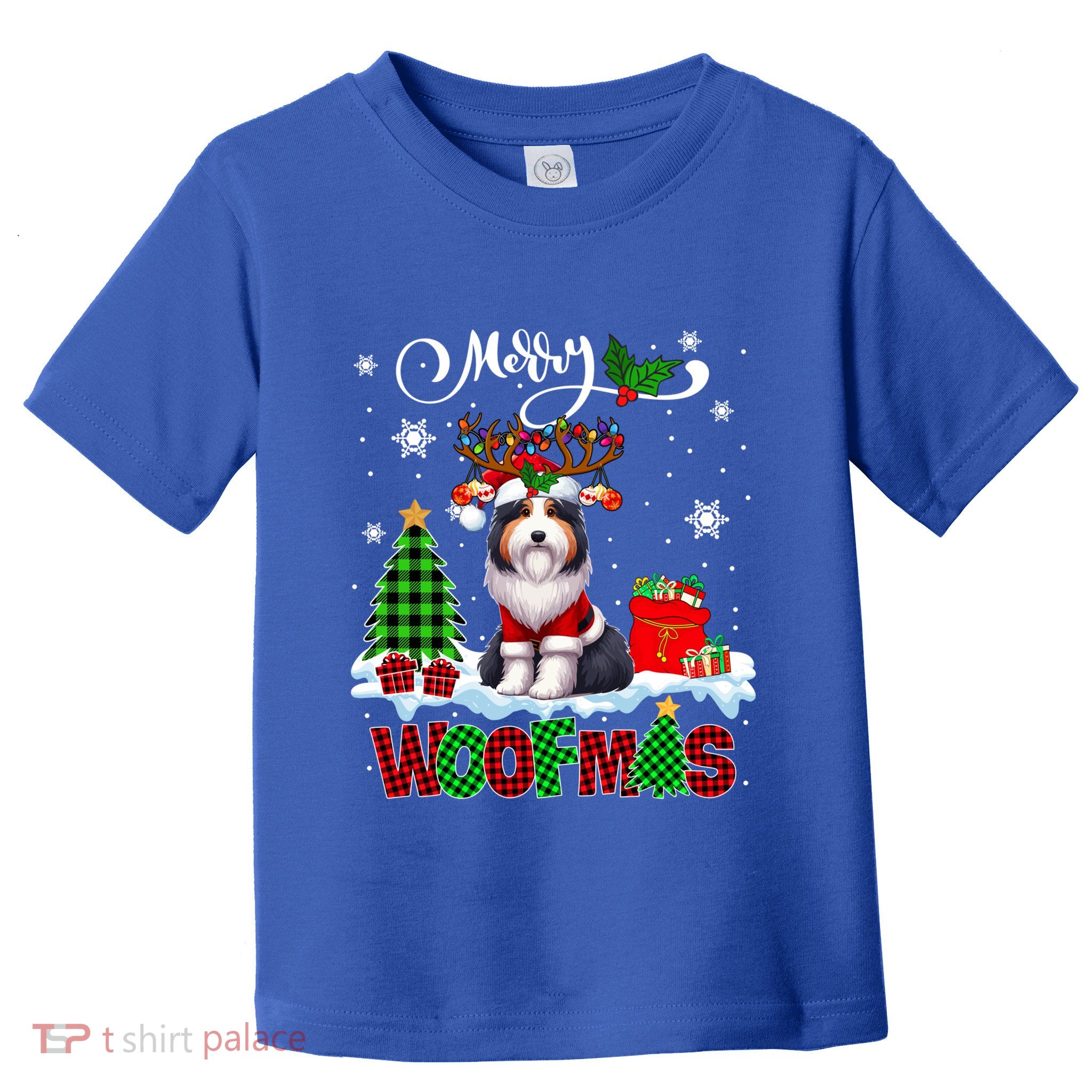 Merry Christmas Woof Bearded Collie Cosplay Santa Reindeer Gift Toddler T-Shirt