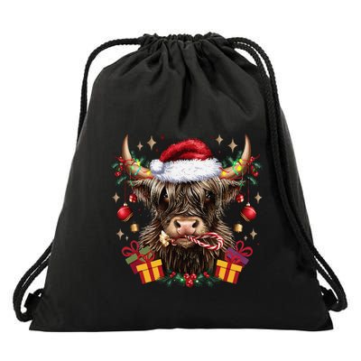 Mooey Christmas Western Howdy Highland Cow Lover Santa Xmas Drawstring Bag