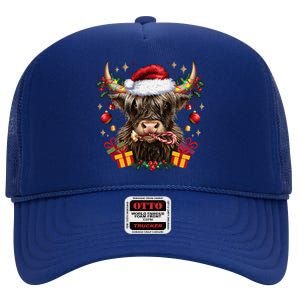 Mooey Christmas Western Howdy Highland Cow Lover Santa Xmas High Crown Mesh Back Trucker Hat