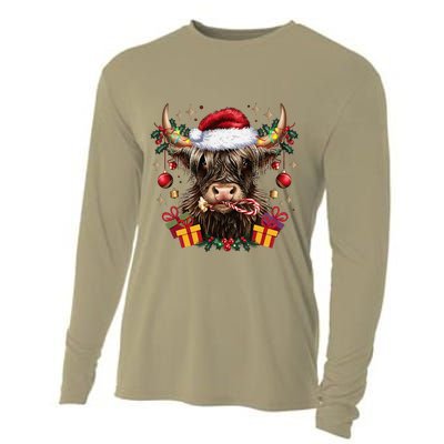 Mooey Christmas Western Howdy Highland Cow Lover Santa Xmas Cooling Performance Long Sleeve Crew
