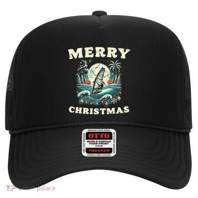 Merry Christmas Windsurfing Holiday Scene Cute Gift High Crown Mesh Back Trucker Hat