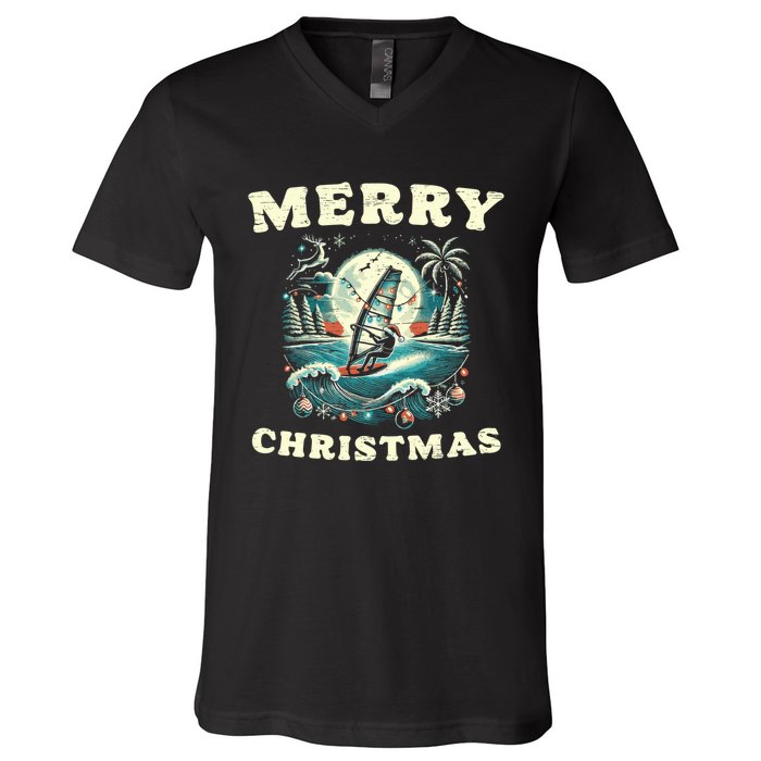 Merry Christmas Windsurfing Holiday Scene Cute Gift V-Neck T-Shirt