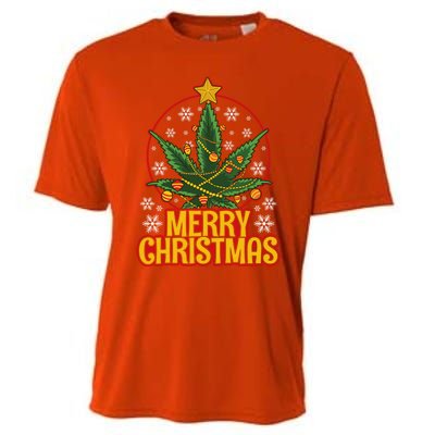 Merry Christmas Weed Marijuana Leaf Christmas Tree Pot Leaf Gift Cooling Performance Crew T-Shirt