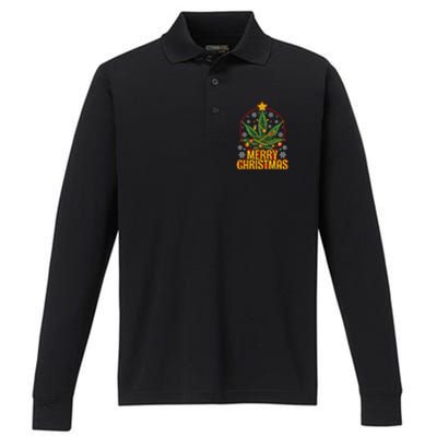 Merry Christmas Weed Marijuana Leaf Christmas Tree Pot Leaf Gift Performance Long Sleeve Polo