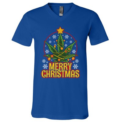 Merry Christmas Weed Marijuana Leaf Christmas Tree Pot Leaf Gift V-Neck T-Shirt