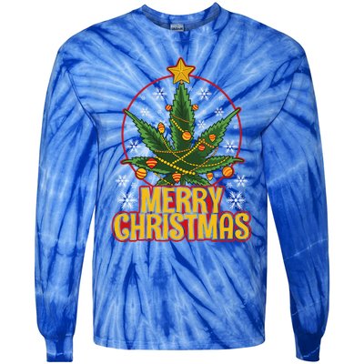 Merry Christmas Weed Marijuana Leaf Christmas Tree Pot Leaf Gift Tie-Dye Long Sleeve Shirt