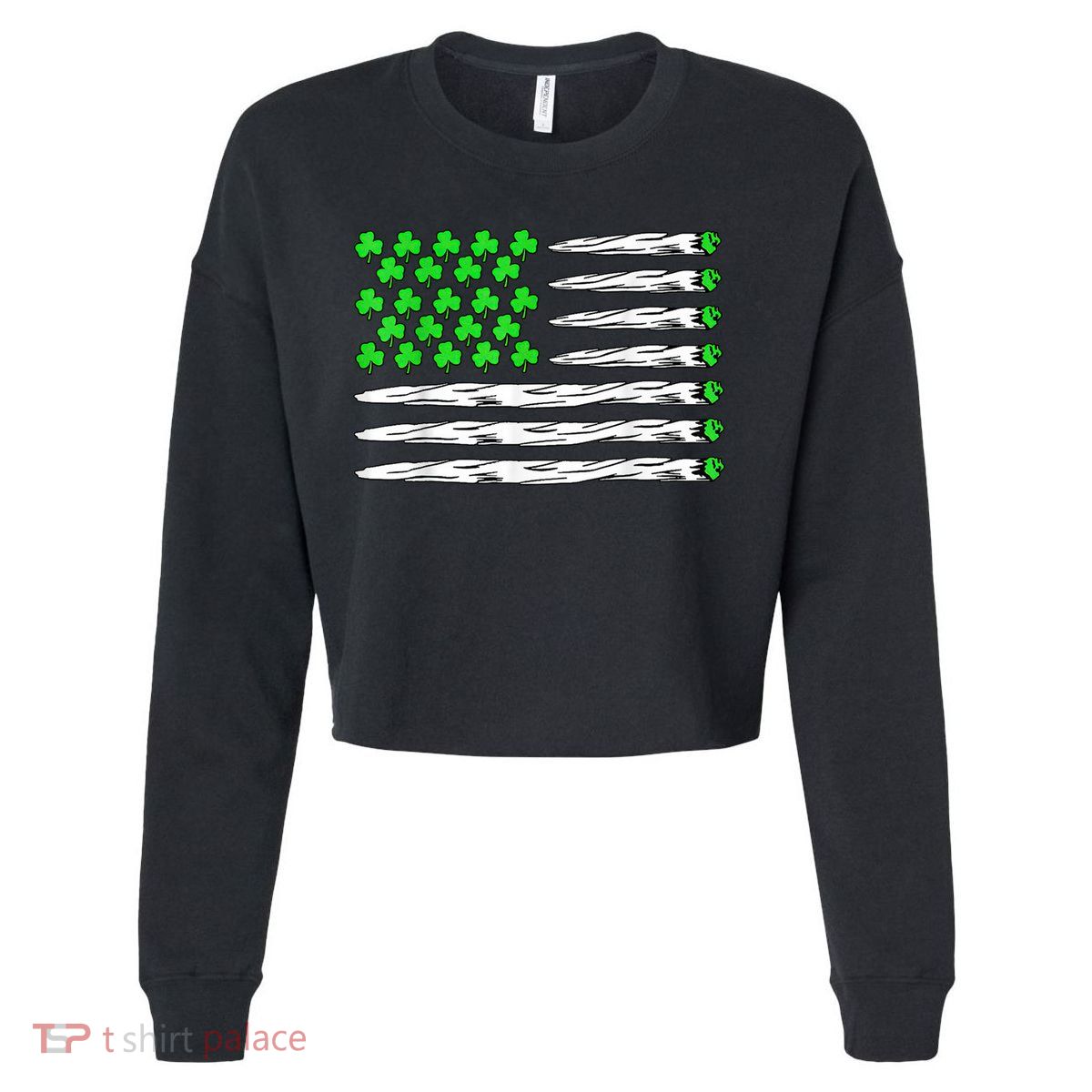 Marijuana Cannabis Weed Usa Flag Shamrock St Patricks Day Cropped Pullover Crew