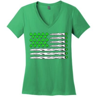 Marijuana Cannabis Weed Usa Flag Shamrock St Patricks Day Women's V-Neck T-Shirt