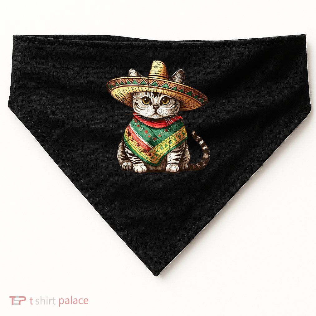 Mexican Cat Wearing Sombrero Hat And Poncho Cinco De Mayo Friends USA-Made Doggie Bandana