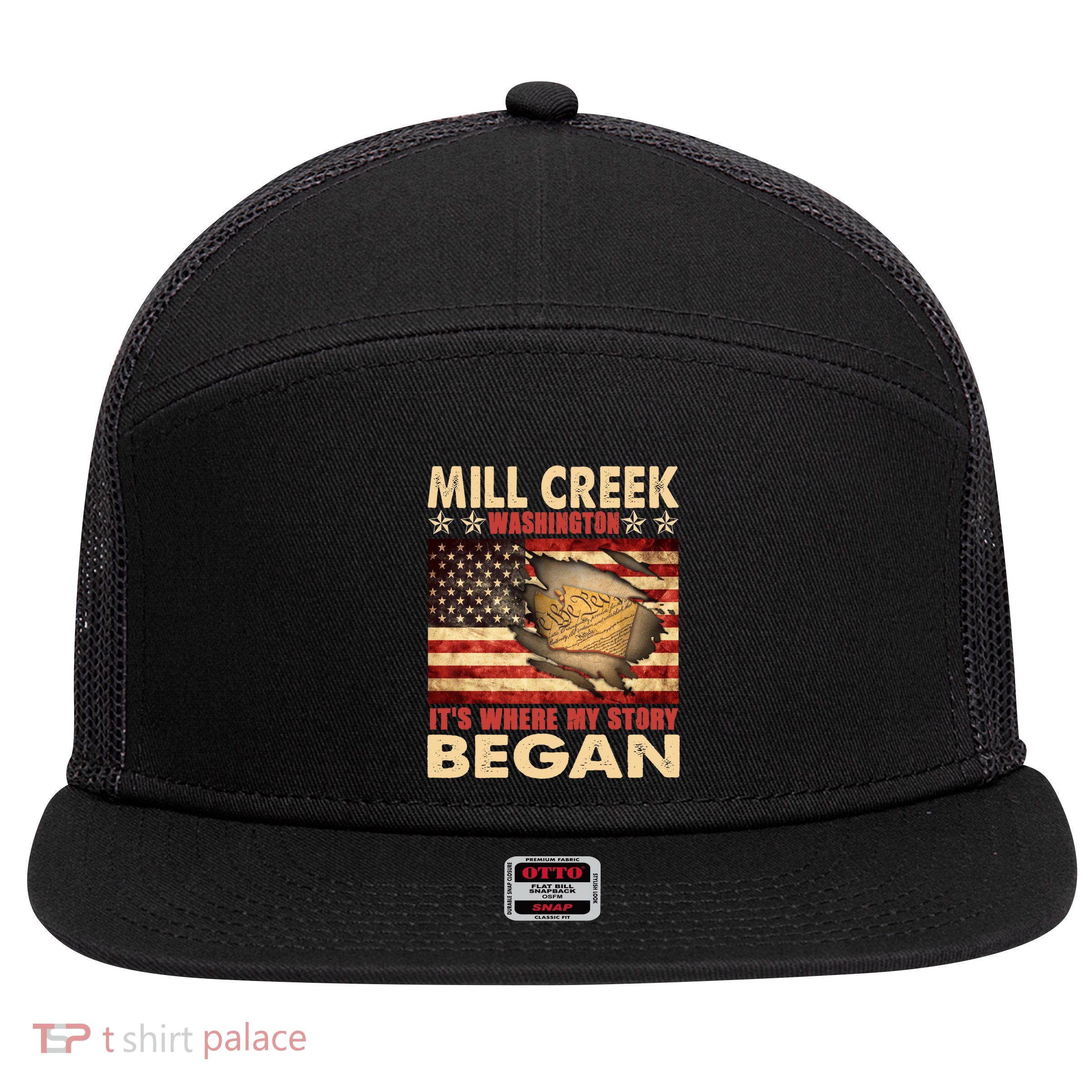 Mill Creek Washington Usa Flag 4th Of July Meaningful Gift 7 Panel Mesh Trucker Snapback Hat