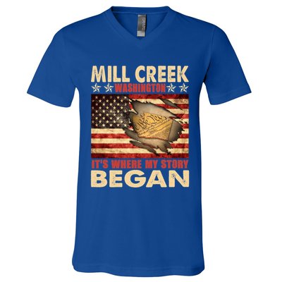 Mill Creek Washington Usa Flag 4th Of July Meaningful Gift V-Neck T-Shirt