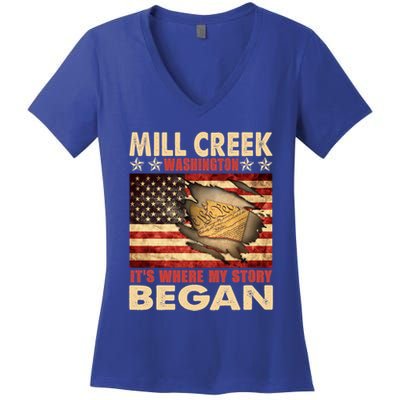 Mill Creek Washington Usa Flag 4th Of July Meaningful Gift Women's V-Neck T-Shirt