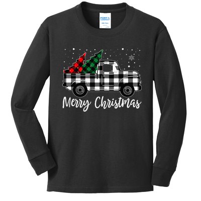 Merry Christmas White Buffalo Plaid Truck Tree Kids Long Sleeve Shirt