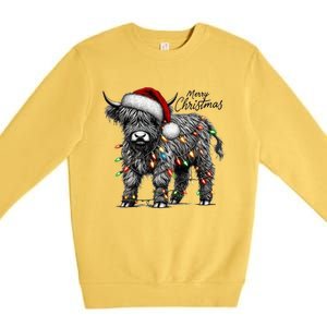 Mooey Christmas Western Highland Cow Lover Santa Hat Lights Gift Premium Crewneck Sweatshirt