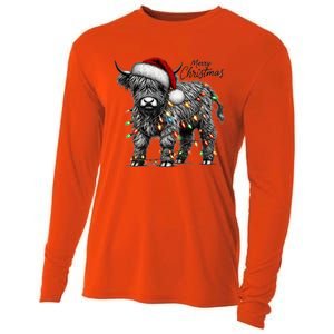 Mooey Christmas Western Highland Cow Lover Santa Hat Lights Gift Cooling Performance Long Sleeve Crew