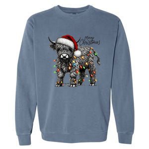 Mooey Christmas Western Highland Cow Lover Santa Hat Lights Gift Garment-Dyed Sweatshirt