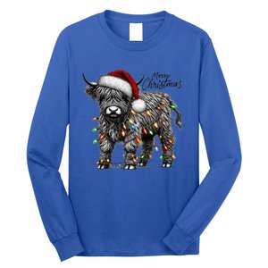 Mooey Christmas Western Highland Cow Lover Santa Hat Lights Gift Long Sleeve Shirt