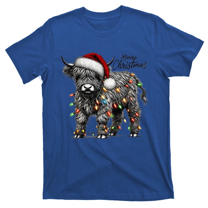 Mooey Christmas Western Highland Cow Lover Santa Hat Lights Gift T-Shirt