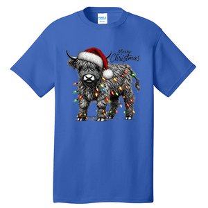 Mooey Christmas Western Highland Cow Lover Santa Hat Lights Gift Tall T-Shirt