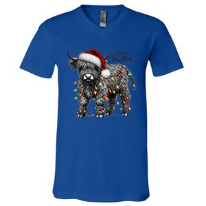 Mooey Christmas Western Highland Cow Lover Santa Hat Lights Gift V-Neck T-Shirt