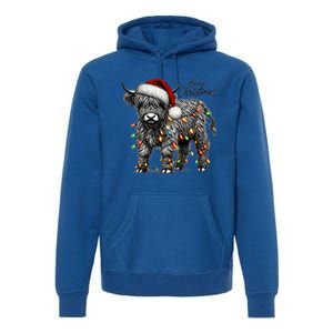 Mooey Christmas Western Highland Cow Lover Santa Hat Lights Gift Premium Hoodie