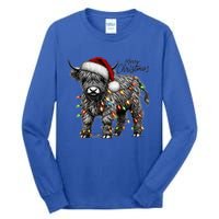 Mooey Christmas Western Highland Cow Lover Santa Hat Lights Gift Tall Long Sleeve T-Shirt