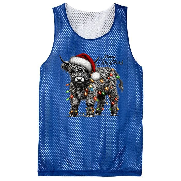 Mooey Christmas Western Highland Cow Lover Santa Hat Lights Gift Mesh Reversible Basketball Jersey Tank