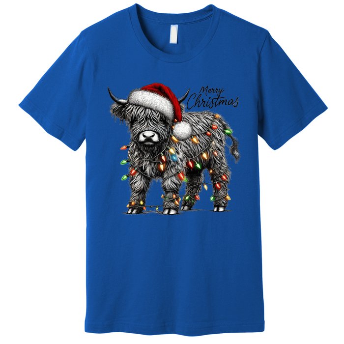 Mooey Christmas Western Highland Cow Lover Santa Hat Lights Gift Premium T-Shirt