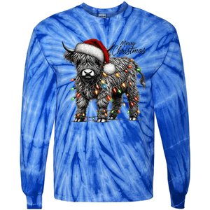 Mooey Christmas Western Highland Cow Lover Santa Hat Lights Gift Tie-Dye Long Sleeve Shirt