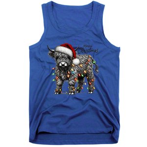 Mooey Christmas Western Highland Cow Lover Santa Hat Lights Gift Tank Top