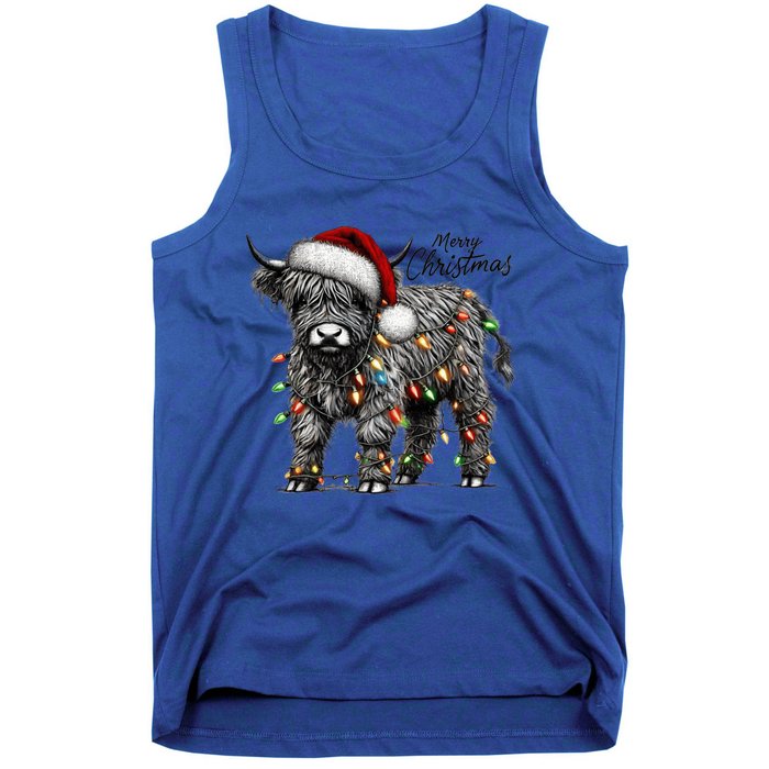 Mooey Christmas Western Highland Cow Lover Santa Hat Lights Gift Tank Top