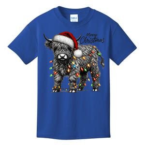 Mooey Christmas Western Highland Cow Lover Santa Hat Lights Gift Kids T-Shirt