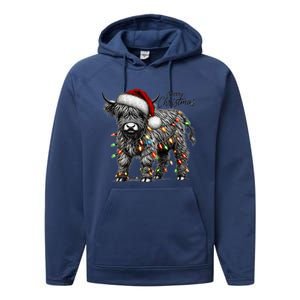 Mooey Christmas Western Highland Cow Lover Santa Hat Lights Gift Performance Fleece Hoodie