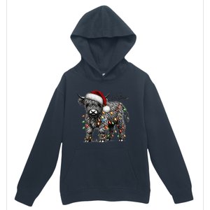 Mooey Christmas Western Highland Cow Lover Santa Hat Lights Gift Urban Pullover Hoodie