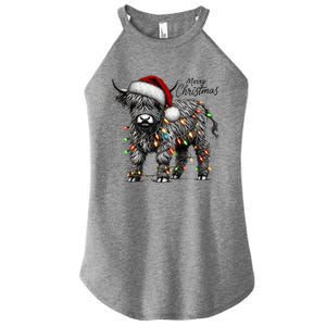 Mooey Christmas Western Highland Cow Lover Santa Hat Lights Gift Women's Perfect Tri Rocker Tank