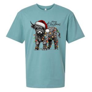 Mooey Christmas Western Highland Cow Lover Santa Hat Lights Gift Sueded Cloud Jersey T-Shirt