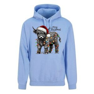 Mooey Christmas Western Highland Cow Lover Santa Hat Lights Gift Unisex Surf Hoodie