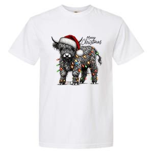 Mooey Christmas Western Highland Cow Lover Santa Hat Lights Gift Garment-Dyed Heavyweight T-Shirt